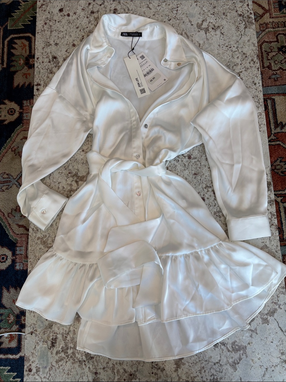 Zara White Satin Tie-Waist Ruffled Hem Dress